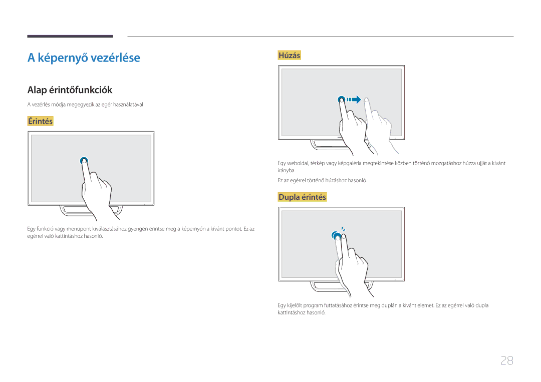 Samsung LS24C770TS/EN manual Képernyő vezérlése, Alap érintőfunkciók, Érintés, Húzás, Dupla érintés 