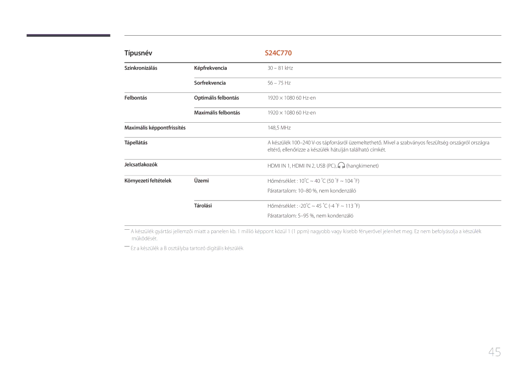 Samsung LS24C770TS/EN Szinkronizálás Képfrekvencia, Sorfrekvencia, Felbontás Optimális felbontás, Maximális felbontás 