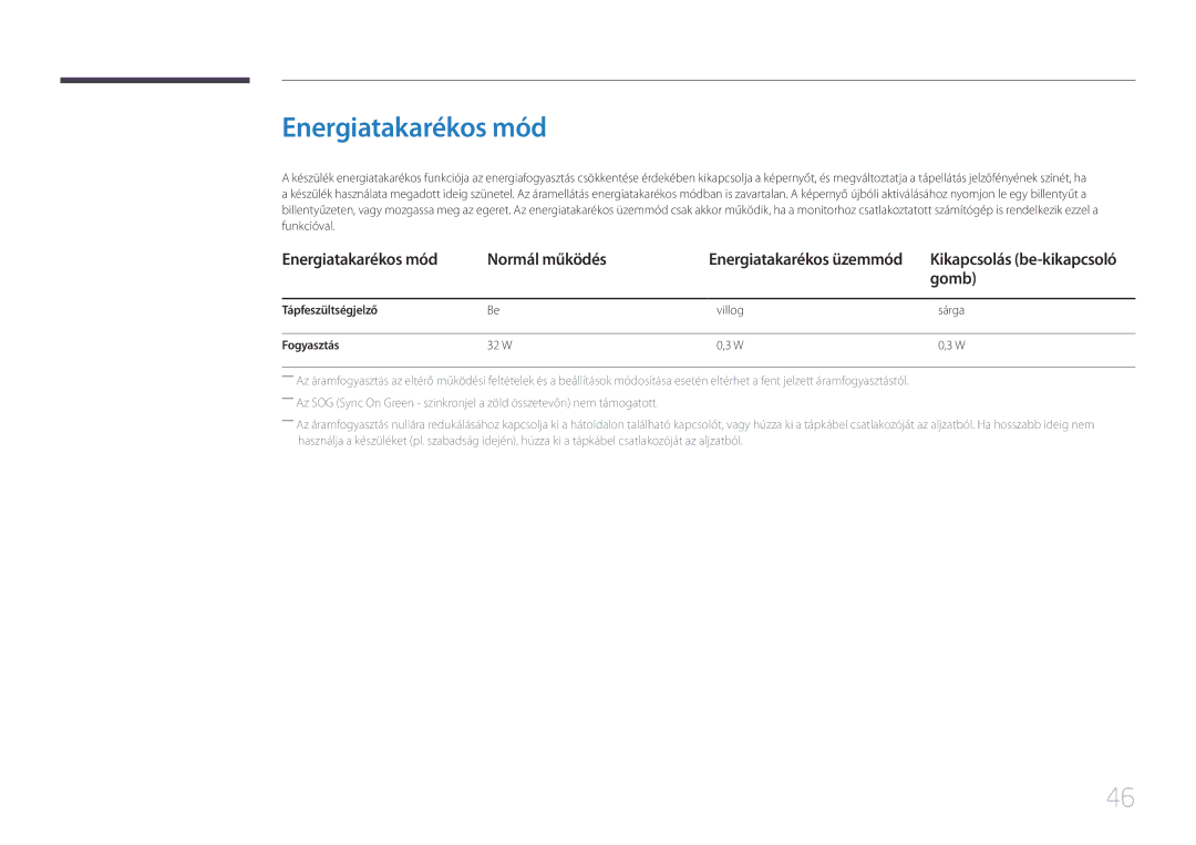 Samsung LS24C770TS/EN manual Energiatakarékos mód Normál működés, Tápfeszültségjelző, Fogyasztás 