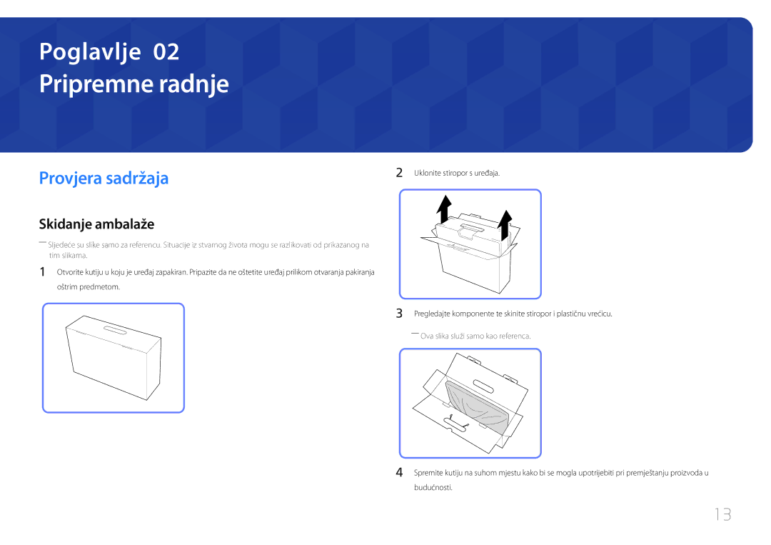 Samsung LS24C770TS/EN manual Pripremne radnje, Provjera sadržaja, Skidanje ambalaže 