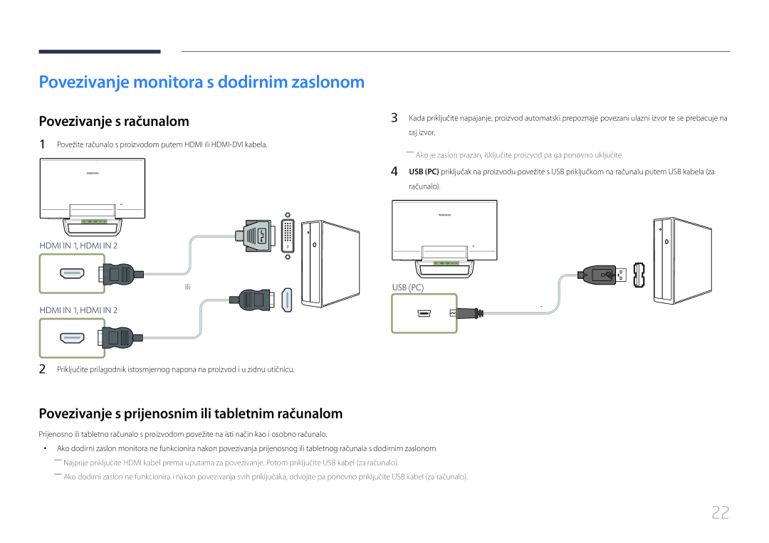 Samsung LS24C770TS/EN manual Povezivanje monitora s dodirnim zaslonom, Povezivanje s računalom 