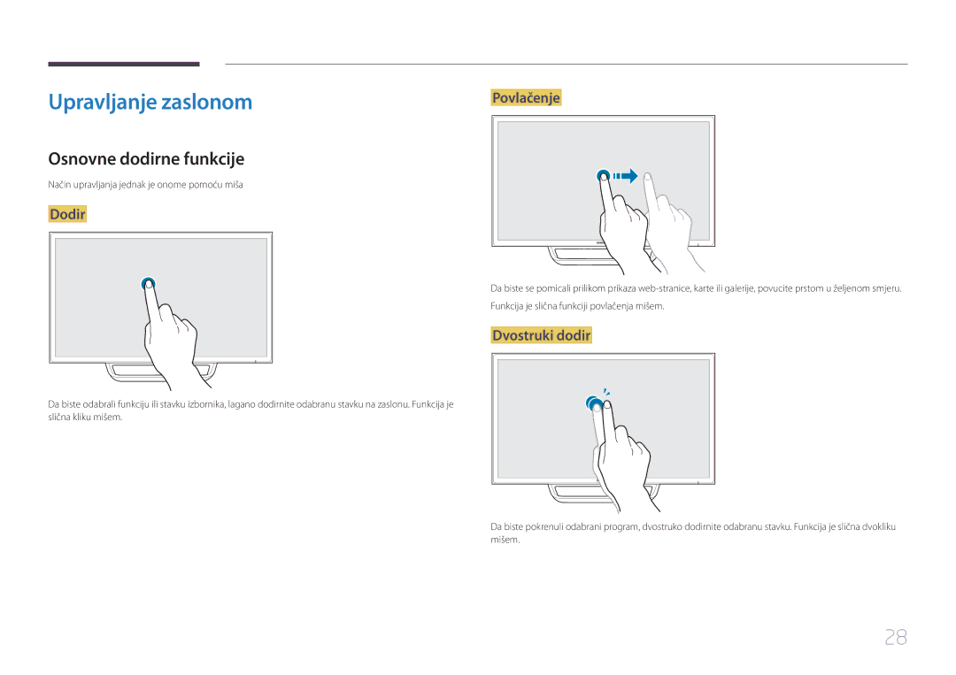 Samsung LS24C770TS/EN manual Upravljanje zaslonom, Osnovne dodirne funkcije 