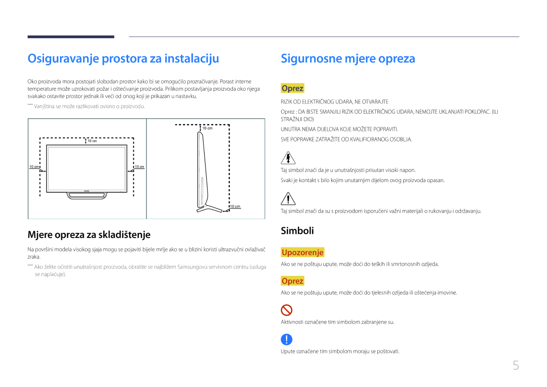 Samsung LS24C770TS/EN Osiguravanje prostora za instalaciju, Sigurnosne mjere opreza, Mjere opreza za skladištenje, Simboli 