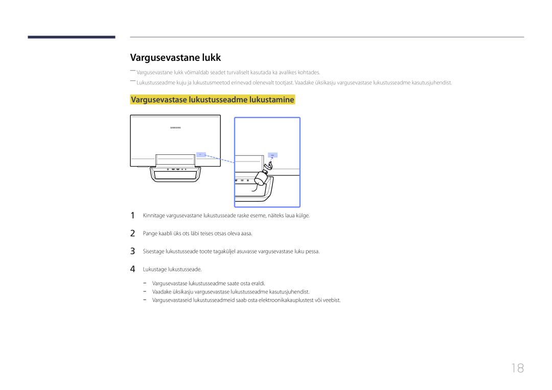 Samsung LS24C770TS/EN manual Vargusevastane lukk, Vargusevastase lukustusseadme lukustamine 