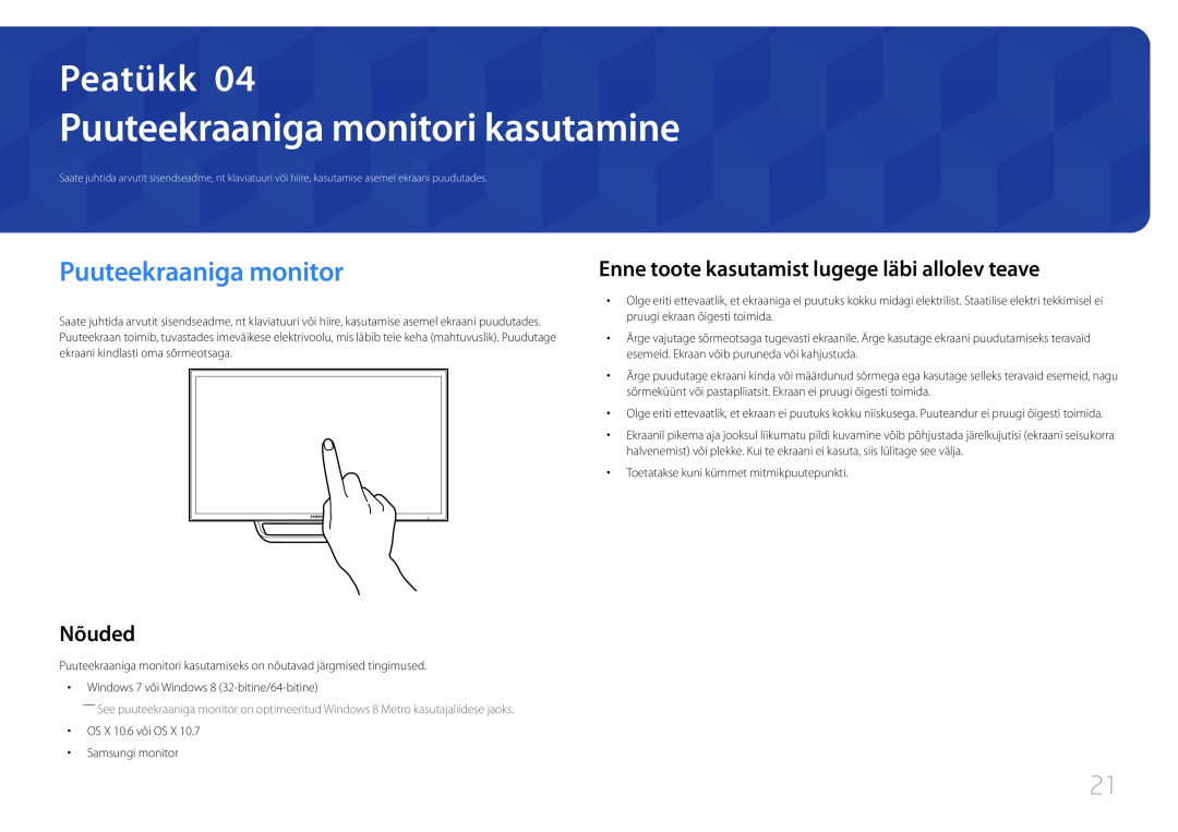 Samsung LS24C770TS/EN Puuteekraaniga monitori kasutamine, Enne toote kasutamist lugege läbi allolev teave, Peatükk, Nõuded 