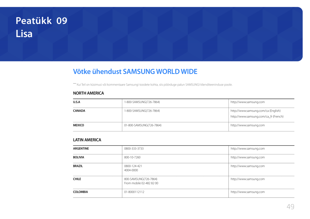 Samsung LS24C770TS/EN manual Lisa, Võtke ühendust SAMSUNG WORLD WIDE, North America, Latin America, Peatükk 