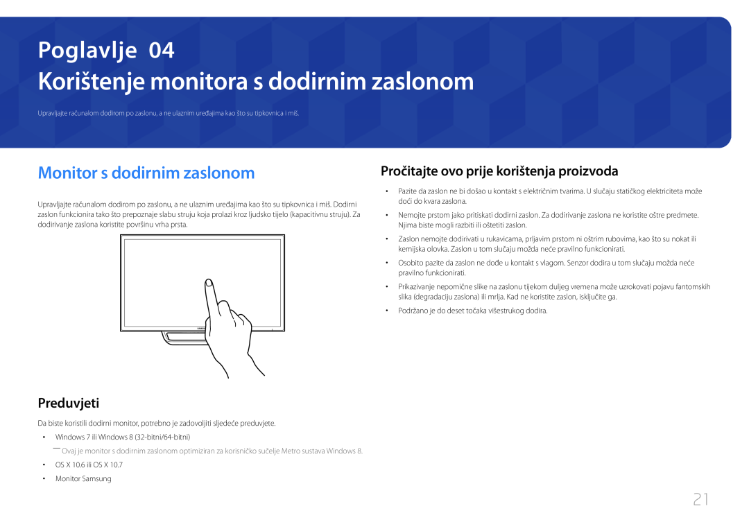Samsung LS24C770TS/EN manual Korištenje monitora s dodirnim zaslonom, Monitor s dodirnim zaslonom, Poglavlje, Preduvjeti 