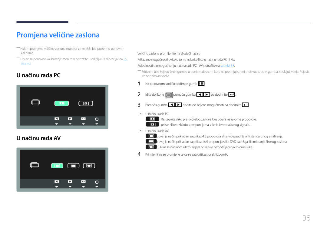 Samsung LS24C770TS/EN manual Promjena veličine zaslona, U načinu rada PC U načinu rada AV 