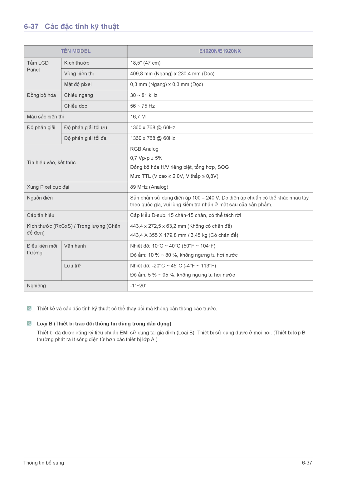 Samsung LS17CLASFMXV, LS24CBUABV/EN, LS22CBUABV/EN, LS22CBUABV/CH, LS22CLUSB/EN manual 37 Các đặc tính kỹ thuật, E1920N/E1920NX 
