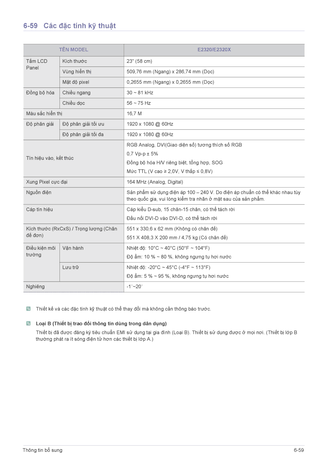 Samsung LS22CLUSFY/ZA, LS24CBUABV/EN, LS22CBUABV/EN, LS22CBUABV/CH, LS22CLUSB/EN manual 59 Các đặc tính kỹ thuật, E2320/E2320X 