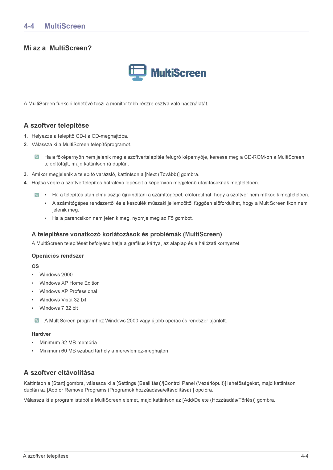 Samsung LS22CBRMBV/EN, LS24CBUABV/EN, LS23CLZSB/EN manual Telepítésre vonatkozó korlátozások és problémák MultiScreen 