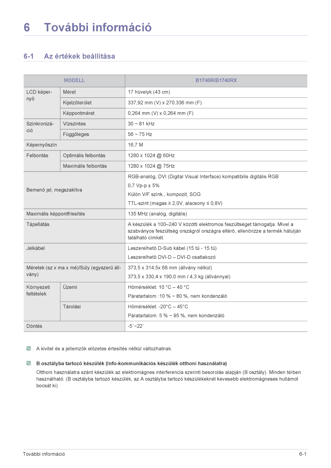 Samsung LS19CBRMBZ/EN, LS24CBUABV/EN, LS23CLZSB/EN, LS22CLZSB/EN, LS19CBBMS/EN manual Az értékek beállítása, B1740R/B1740RX 