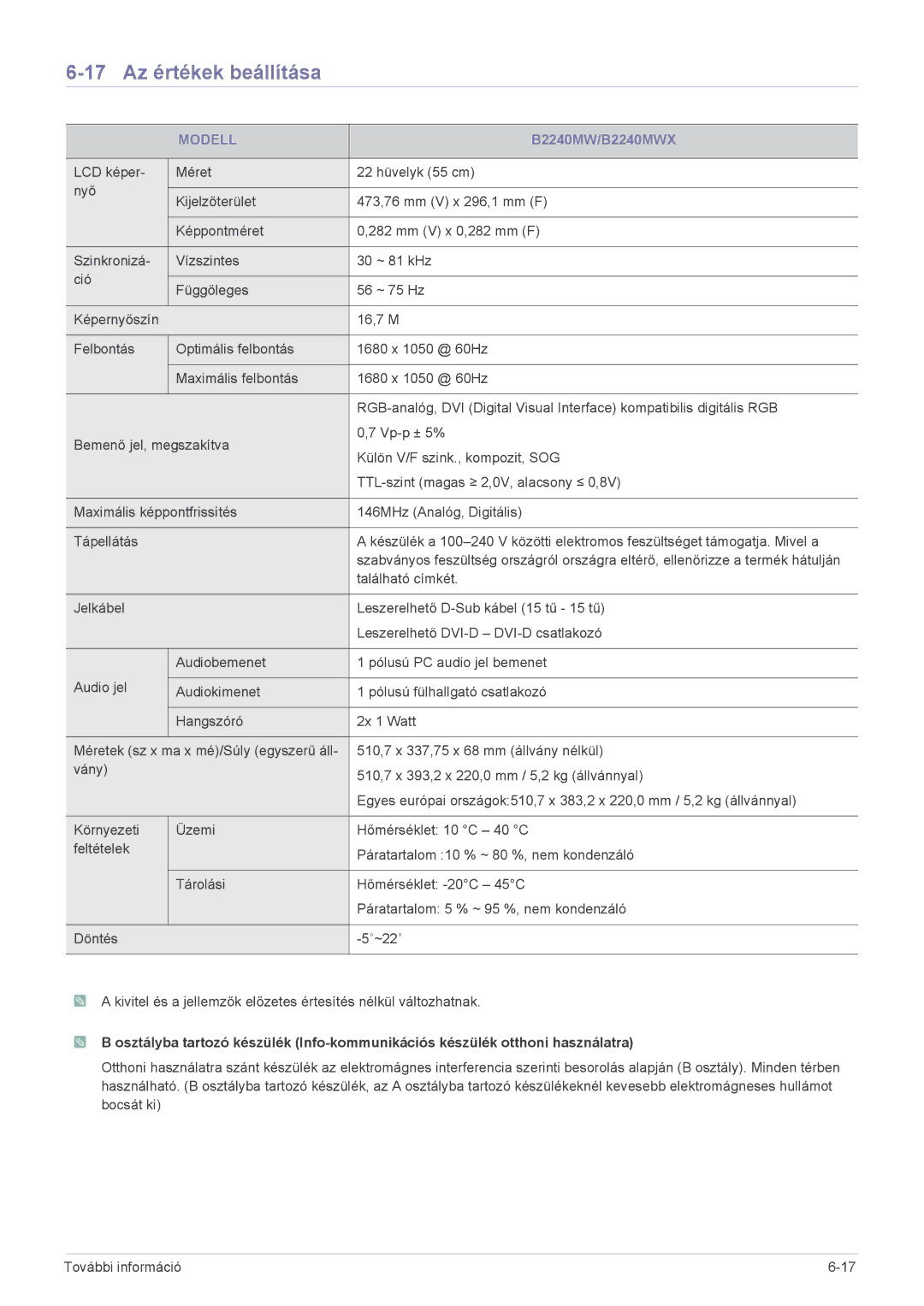 Samsung LS19CLASB/EN, LS24CBUABV/EN, LS23CLZSB/EN, LS22CLZSB/EN, LS19CBBMS/EN manual 17 Az értékek beállítása, B2240MW/B2240MWX 