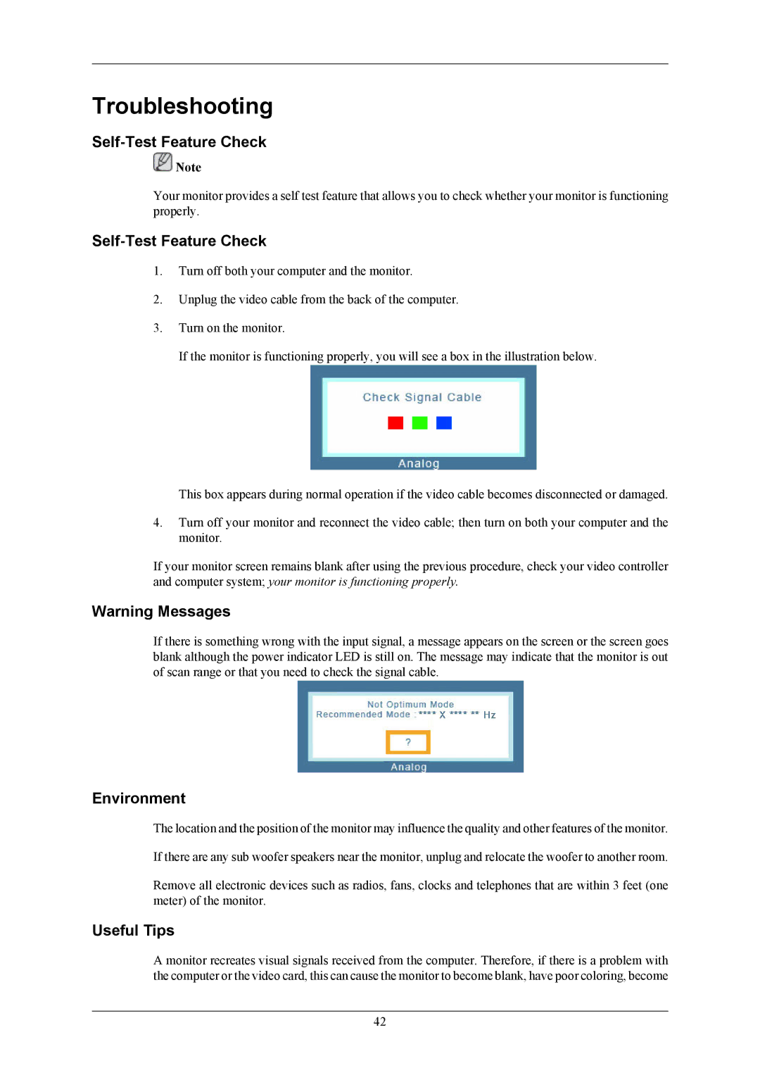 Samsung LS24CMKKFVA/EN, LS24CMKKFV/EN, LS24CMKKFV/CH Troubleshooting, Self-Test Feature Check, Environment, Useful Tips 