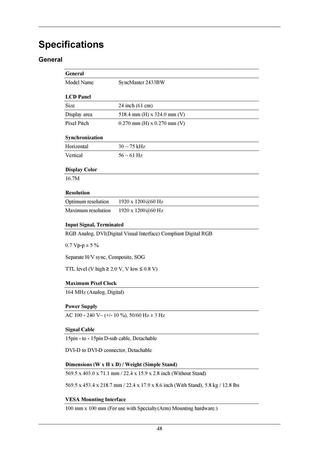 Samsung LS24CMKKFVA/EN, LS24CMKKFV/EN, LS24CMKKFV/CH manual Specifications, General 