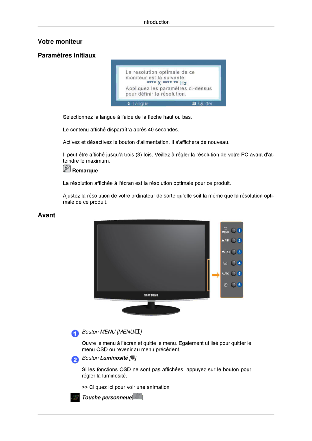 Samsung LS24CMKKFVA/EN, LS24CMKKFV/EN manual Votre moniteur Paramètres initiaux, Avant, Bouton Menu Menu 