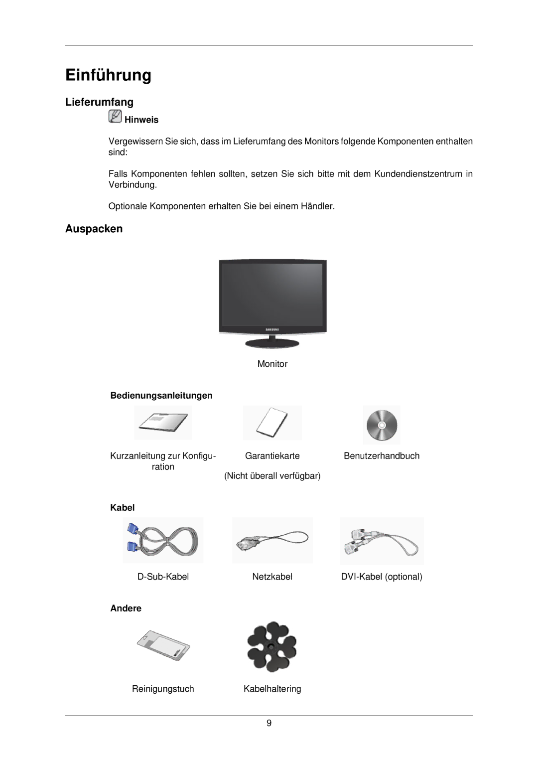 Samsung LS24CMKKFV/EN, LS24CMKKFVA/EN manual Einführung, Lieferumfang, Auspacken 