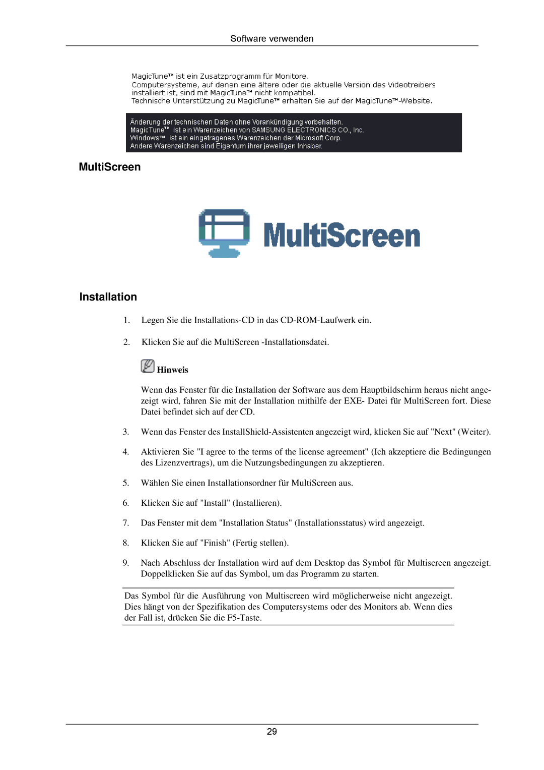 Samsung LS24CMKKFV/EN, LS24CMKKFVA/EN manual MultiScreen Installation, Hinweis 