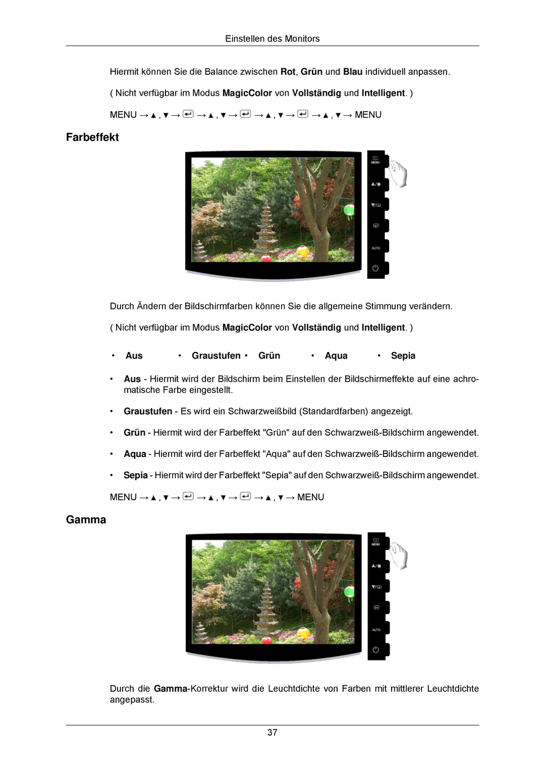 Samsung LS24CMKKFV/EN, LS24CMKKFVA/EN manual Farbeffekt, Gamma, Aus Graustufen Grün Aqua Sepia 