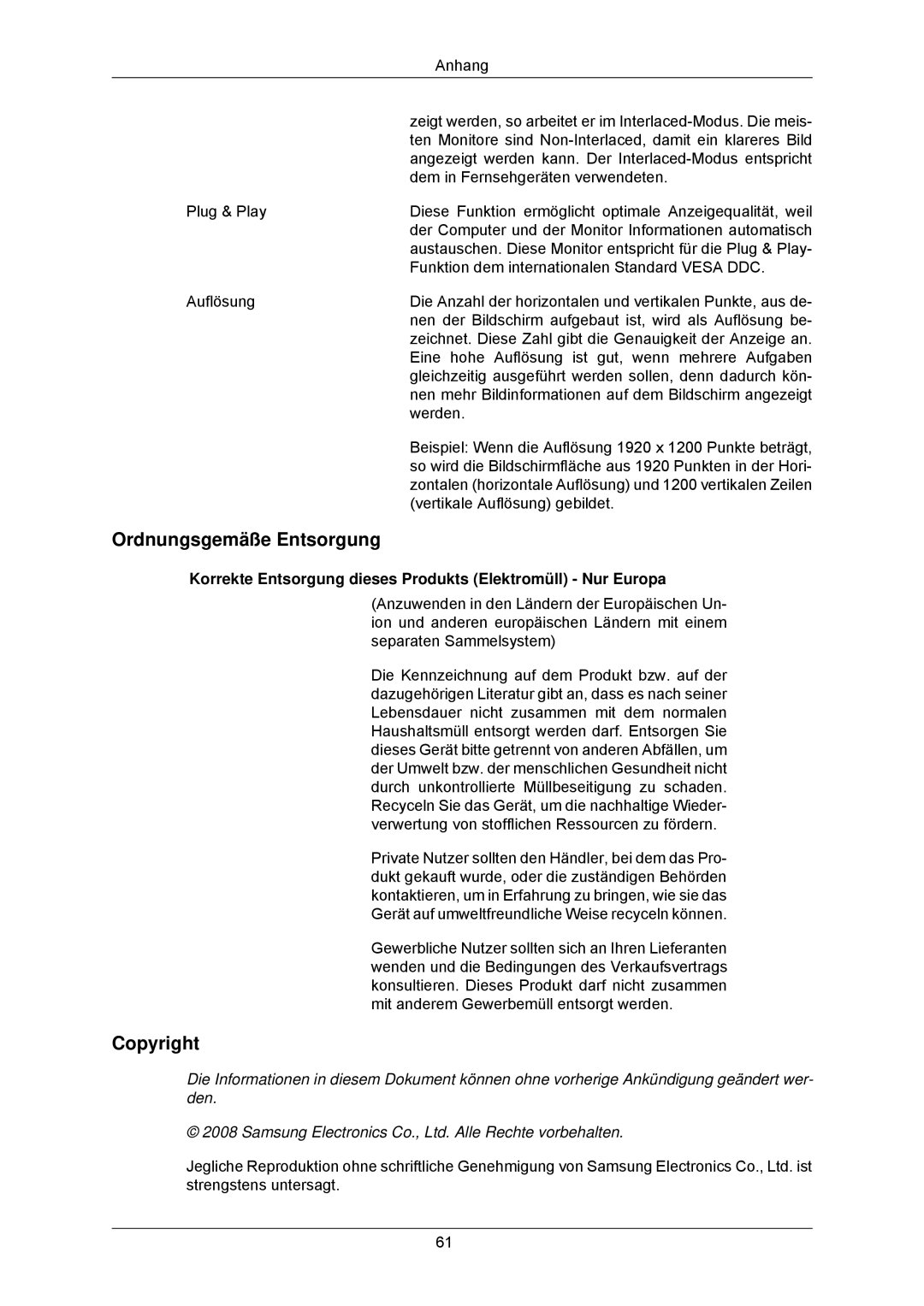 Samsung LS24CMKKFV/EN Ordnungsgemäße Entsorgung, Copyright, Korrekte Entsorgung dieses Produkts Elektromüll Nur Europa 