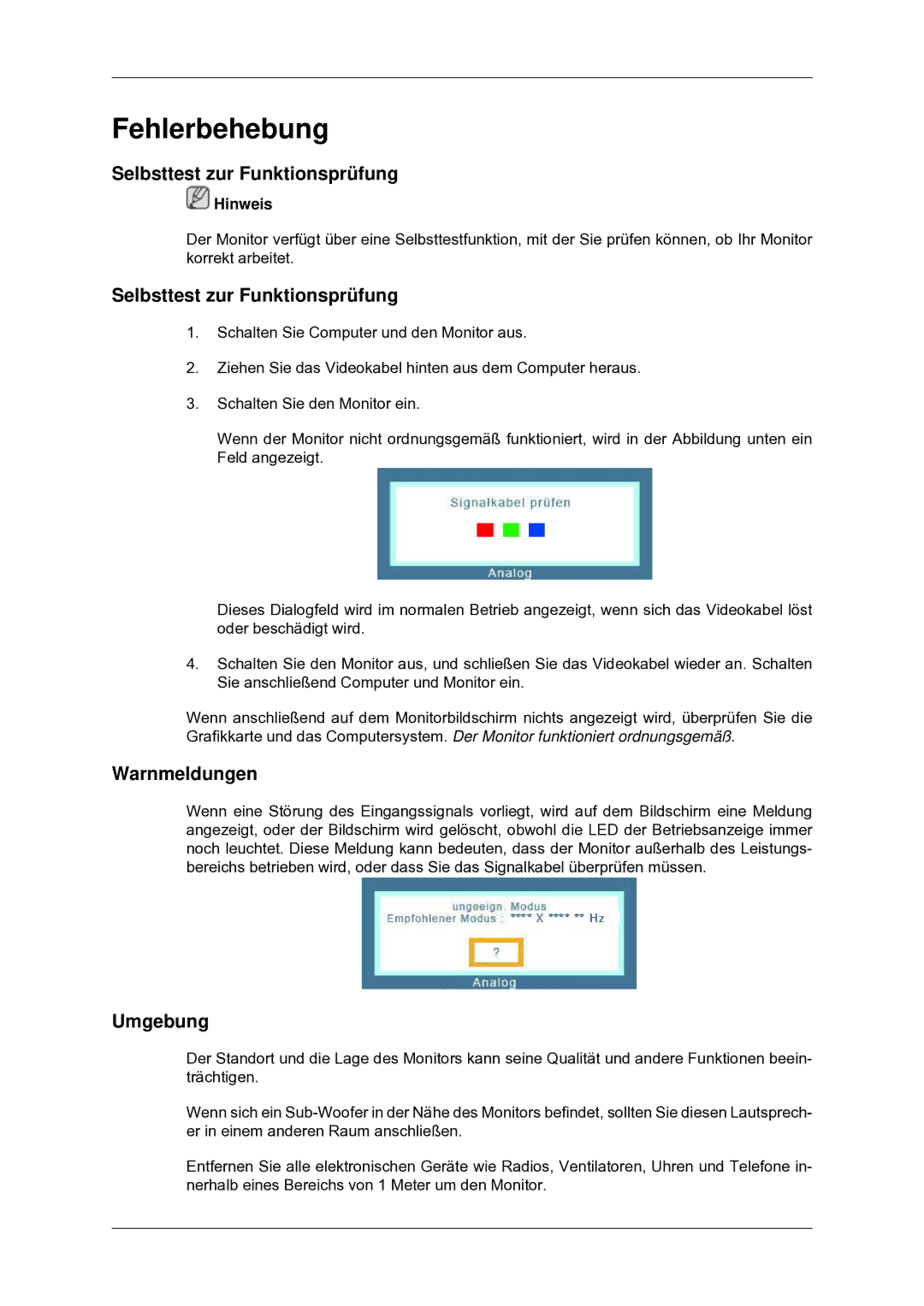 Samsung LS24CMKKFV/EN, LS24CMKKFVA/EN manual Selbsttest zur Funktionsprüfung, Warnmeldungen, Umgebung 