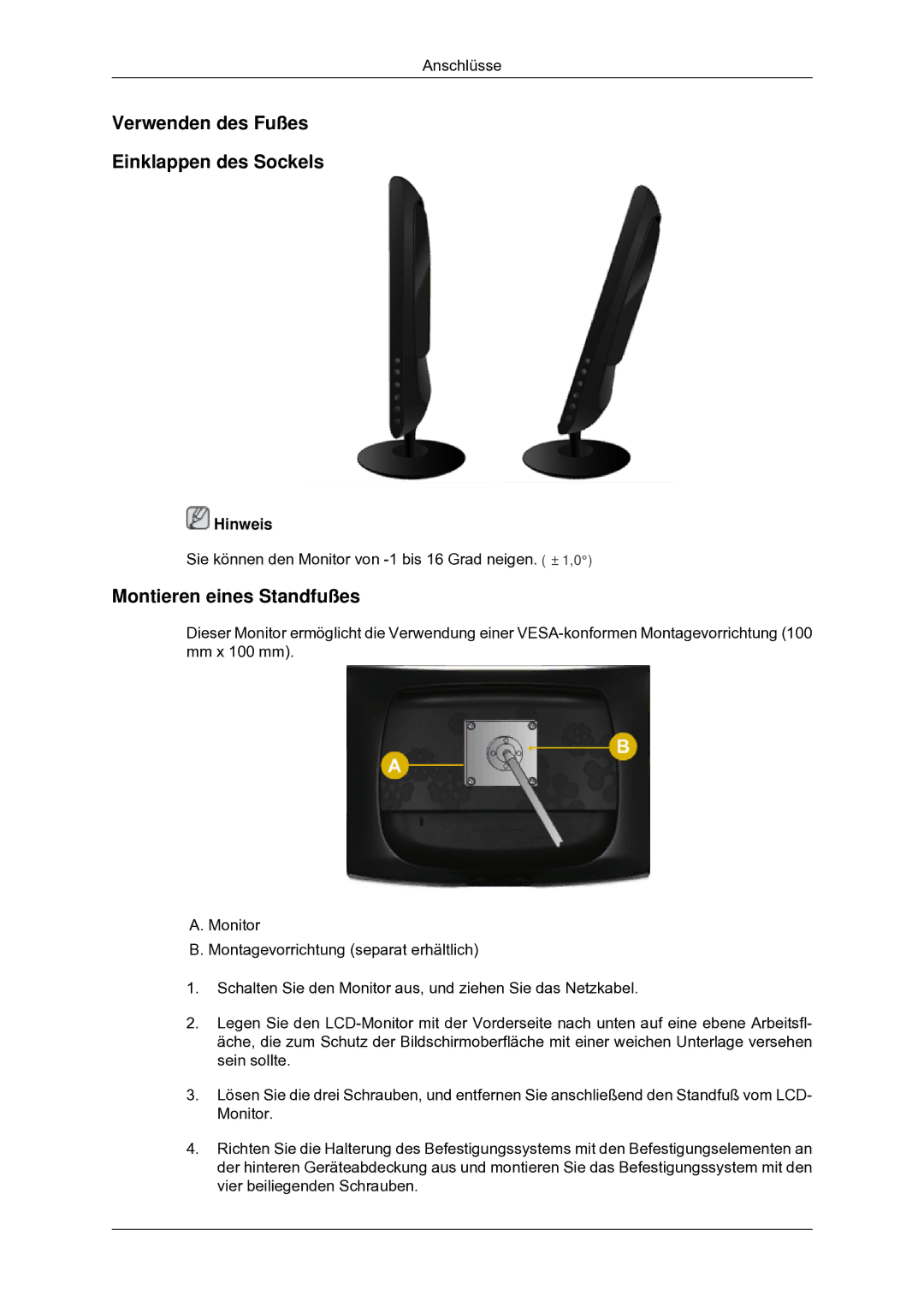 Samsung LS24CMKKFV/EN, LS24CMKKFVA/EN manual Verwenden des Fußes Einklappen des Sockels, Montieren eines Standfußes 