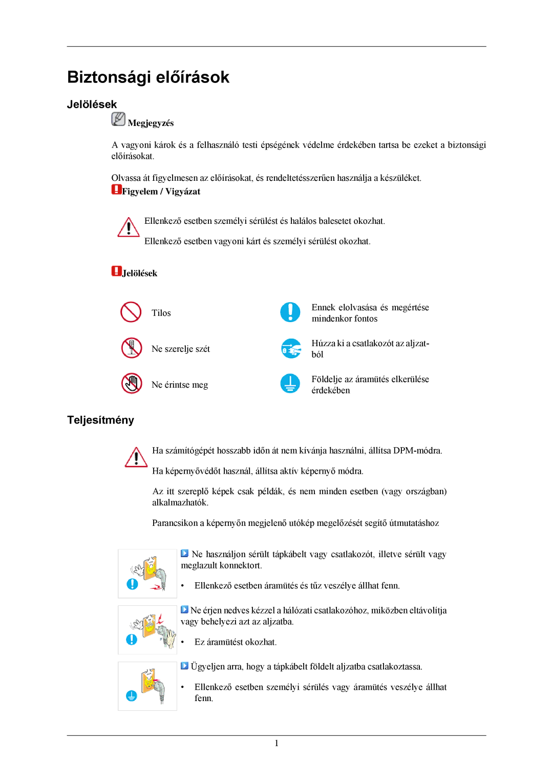 Samsung LS24CMKKFV/EN, LS24CMKKFVA/EN manual Biztonsági előírások, Jelölések, Teljesítmény 