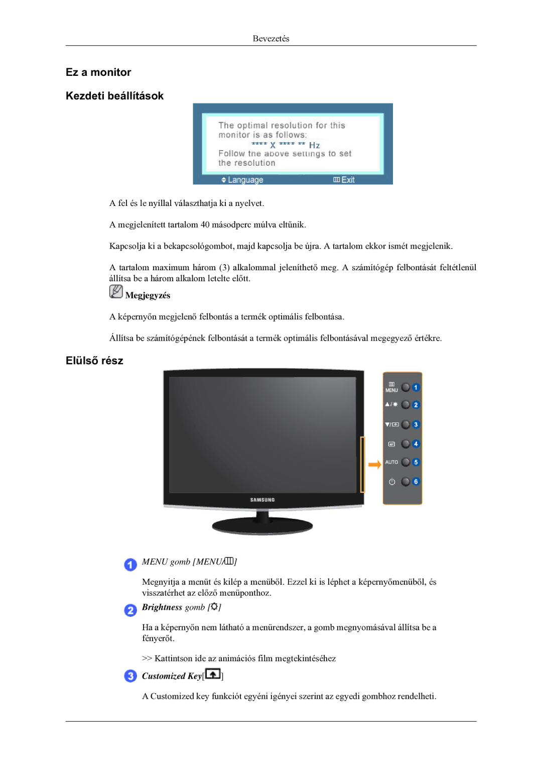 Samsung LS24CMKKFVA/EN, LS24CMKKFV/EN manual Ez a monitor Kezdeti beállítások, Elülső rész, Menu gomb Menu 