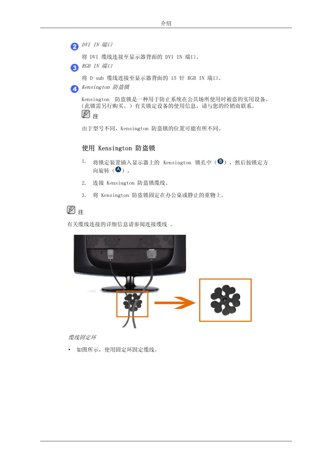 Samsung LS24CMKKFVA/EN, LS24CMKKFV/EN manual 使用 Kensington 防盗锁, DVI in 端口 