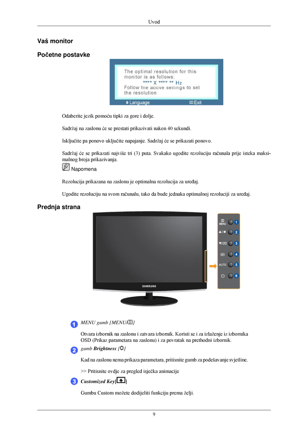 Samsung LS24CMKKFV/EN, LS24CMKKFVA/EN manual Vaš monitor Početne postavke, Prednja strana 