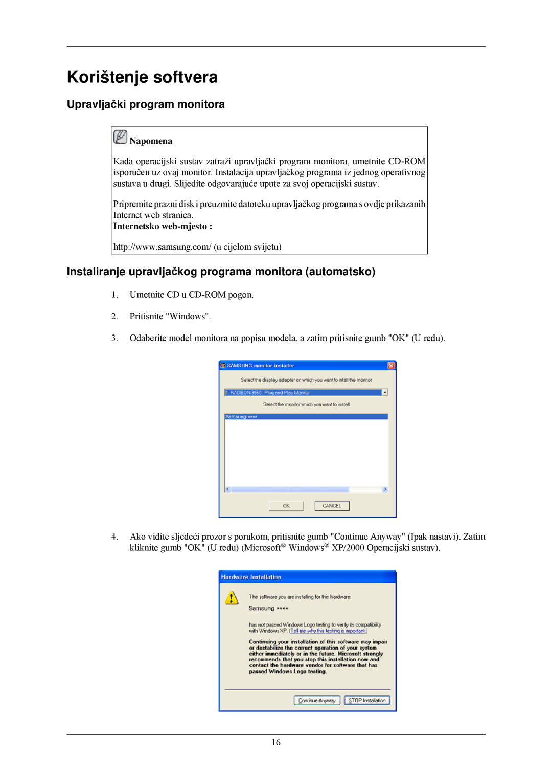 Samsung LS24CMKKFVA/EN, LS24CMKKFV/EN manual Korištenje softvera, Upravljački program monitora, Internetsko web-mjesto 