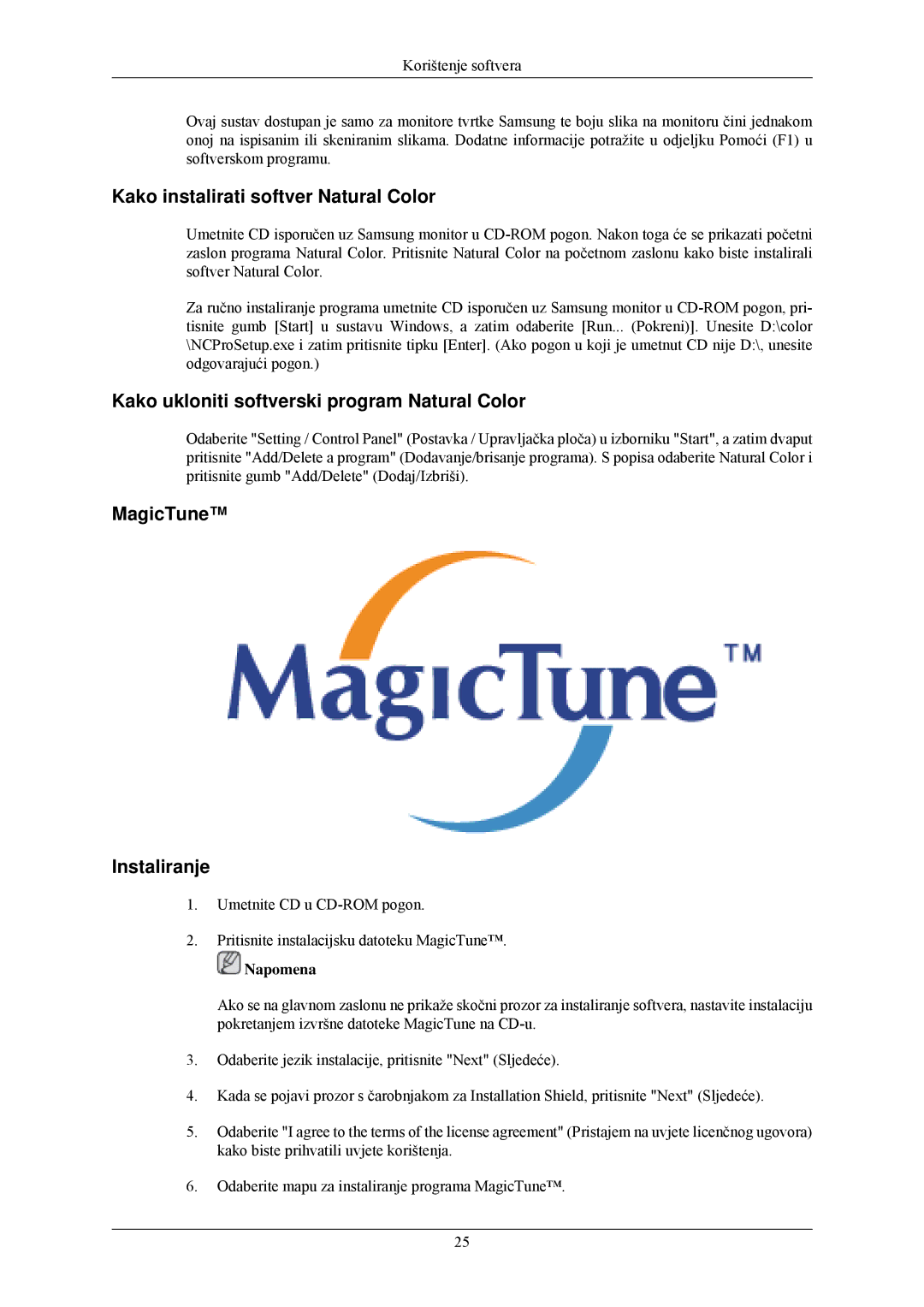 Samsung LS24CMKKFV/EN manual Kako instalirati softver Natural Color, Kako ukloniti softverski program Natural Color 