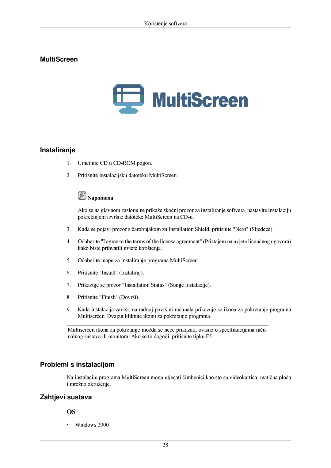 Samsung LS24CMKKFVA/EN, LS24CMKKFV/EN manual MultiScreen Instaliranje 