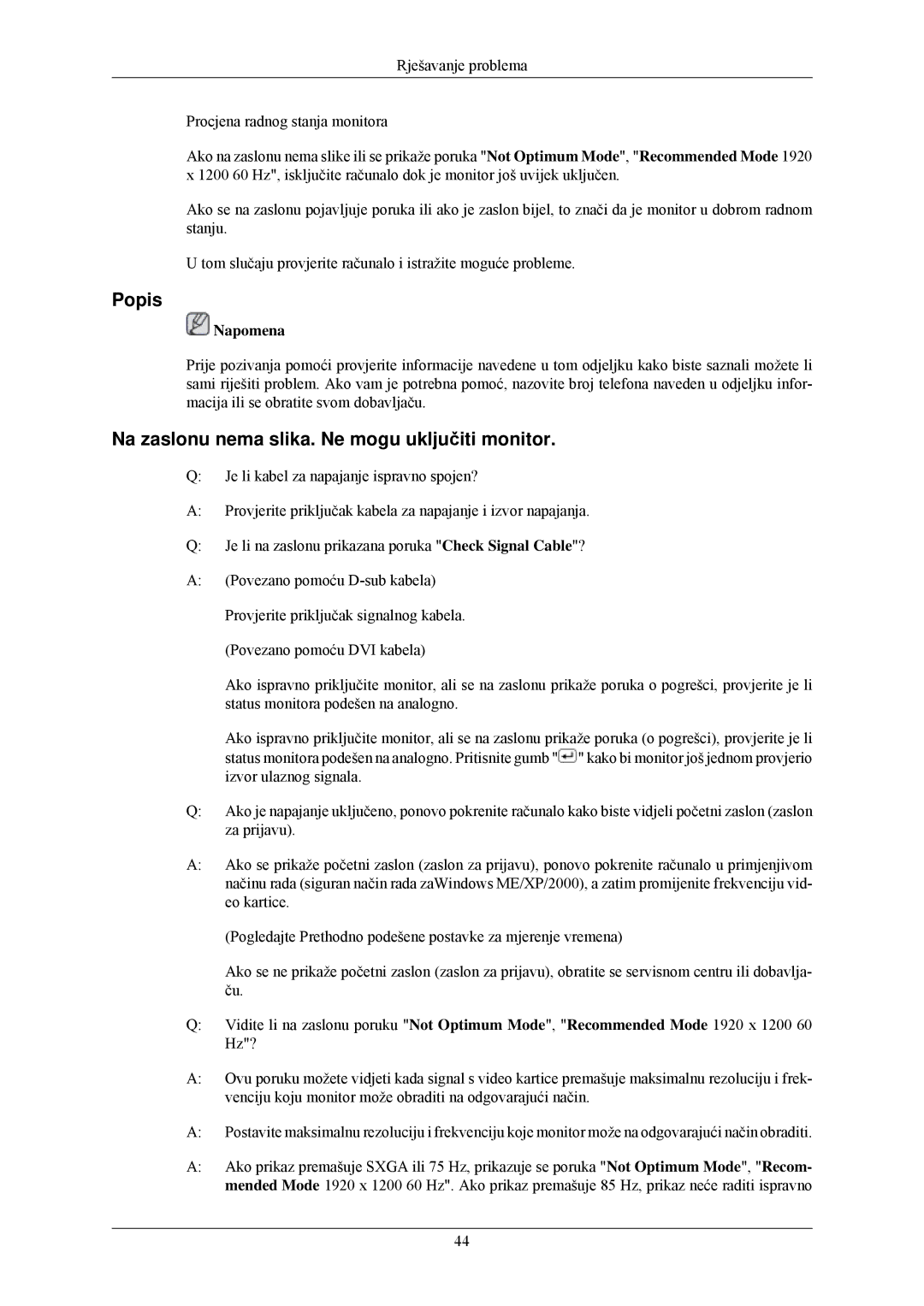 Samsung LS24CMKKFVA/EN, LS24CMKKFV/EN manual Popis, Na zaslonu nema slika. Ne mogu uključiti monitor 