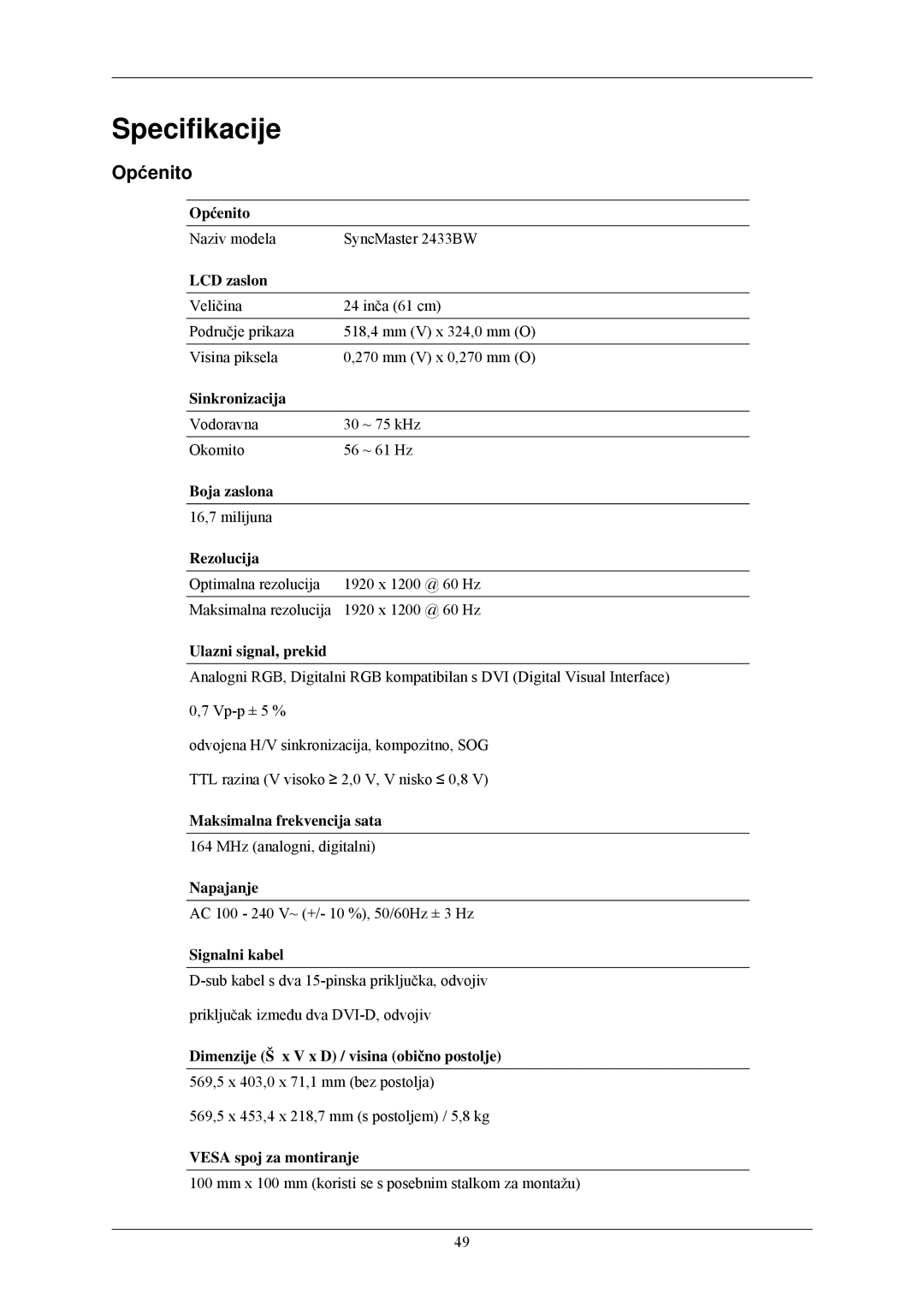 Samsung LS24CMKKFV/EN, LS24CMKKFVA/EN manual Specifikacije, Općenito 