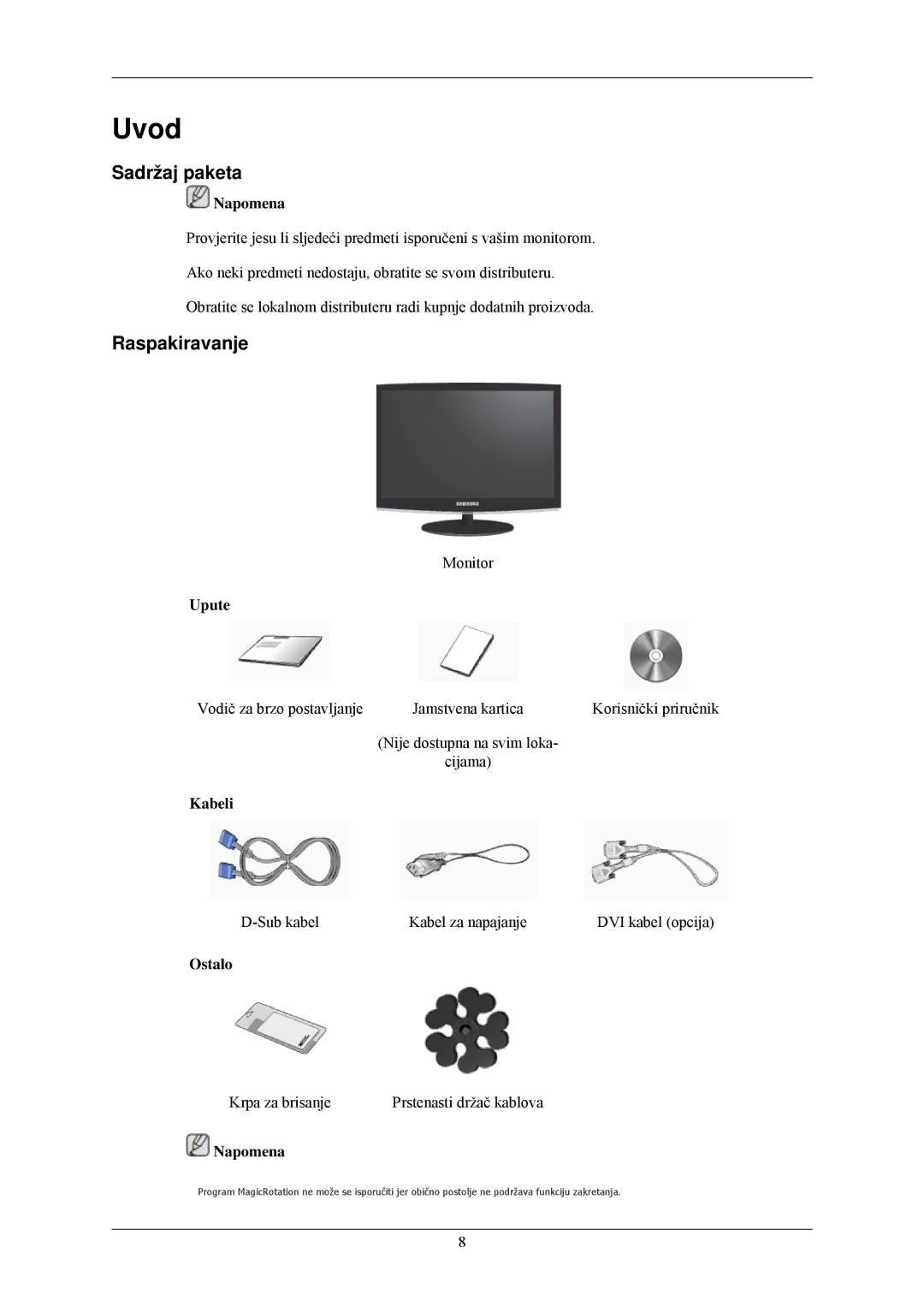 Samsung LS24CMKKFVA/EN, LS24CMKKFV/EN manual Uvod, Sadržaj paketa, Raspakiravanje 