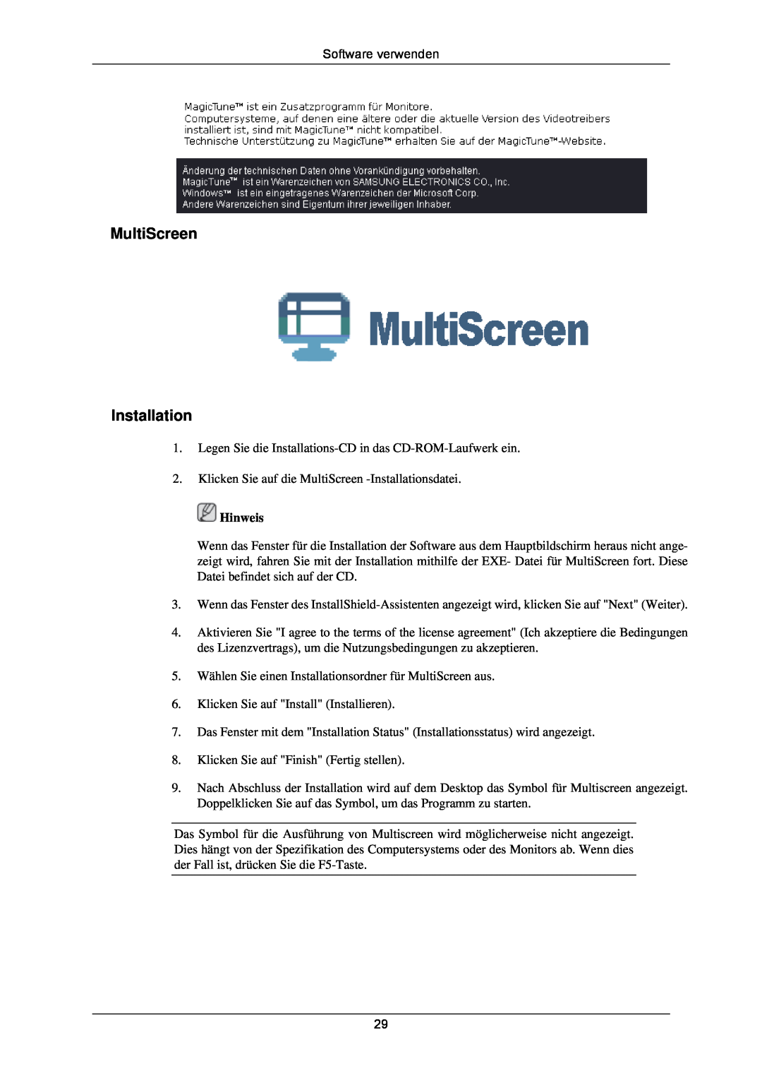 Samsung LS24CMKKFV/EN, LS24CMKKFVA/EN manual MultiScreen Installation, Hinweis 