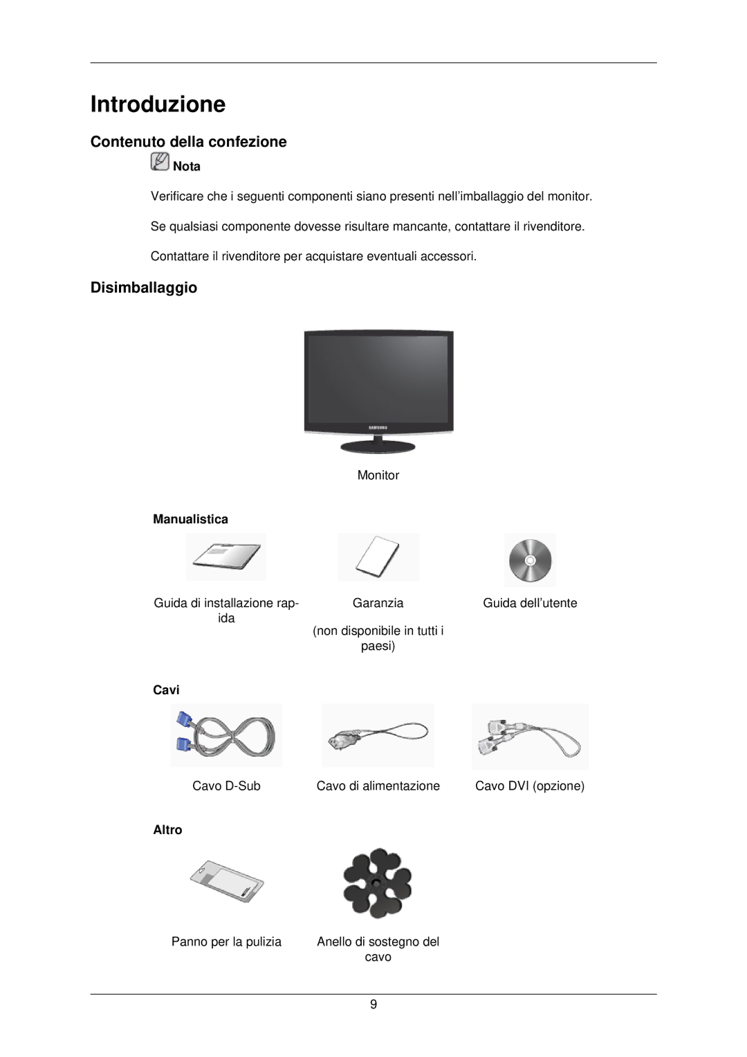 Samsung LS24CMKKFV/EN manual Introduzione, Contenuto della confezione, Disimballaggio 