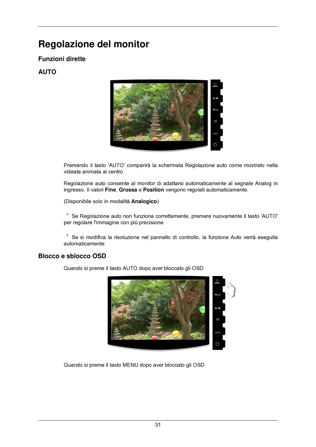 Samsung LS24CMKKFV/EN manual Regolazione del monitor, Funzioni dirette, Blocco e sblocco OSD 