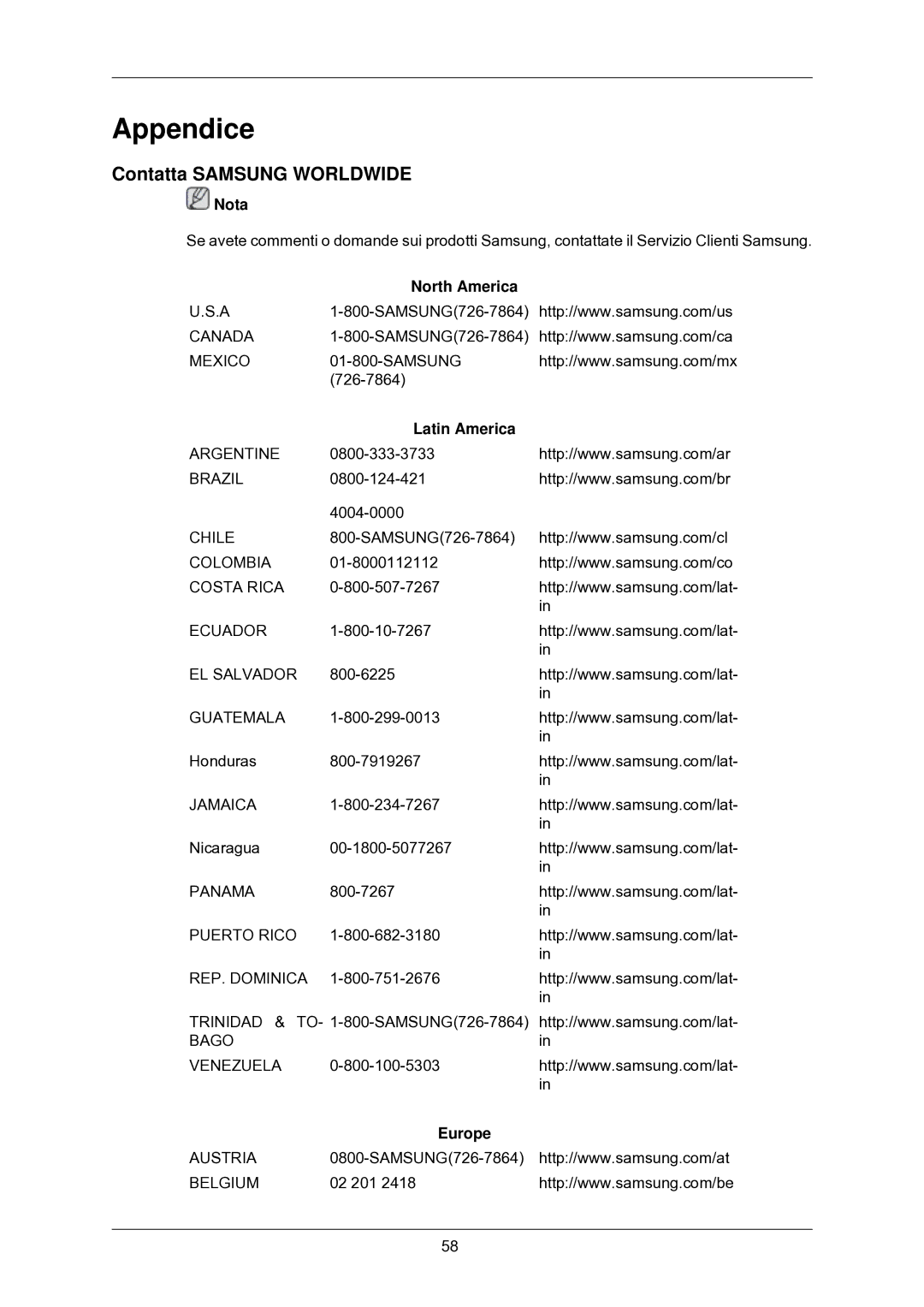 Samsung LS24CMKKFV/EN manual Appendice, Contatta Samsung Worldwide, North America, Latin America, Europe 