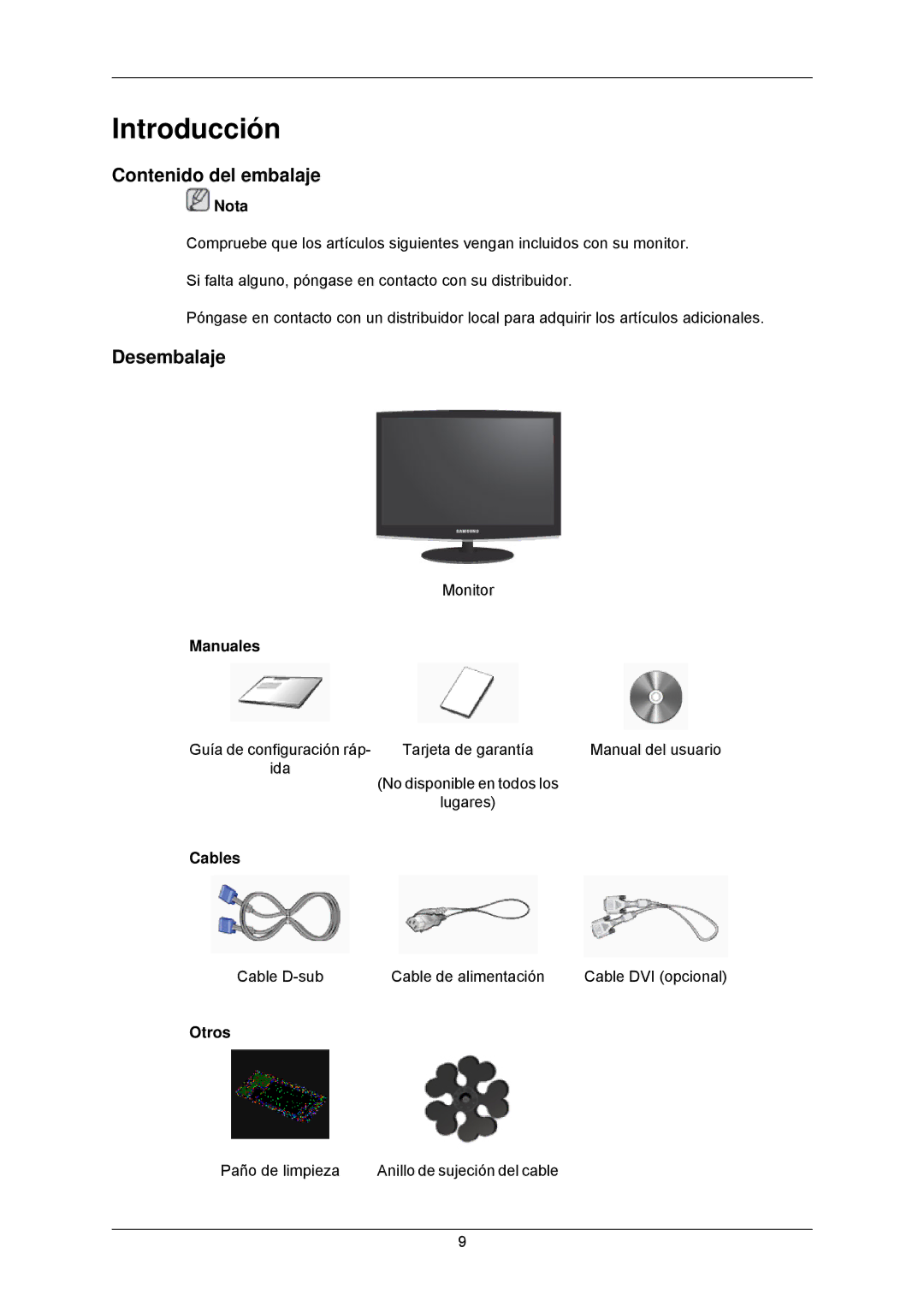 Samsung LS24CMKKFV/EN manual Introducción, Contenido del embalaje, Desembalaje 