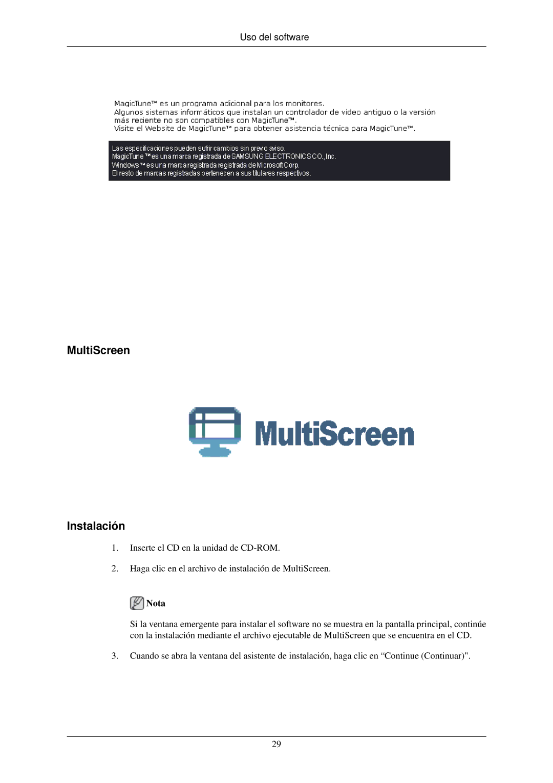 Samsung LS24CMKKFV/EN manual MultiScreen Instalación, Nota 