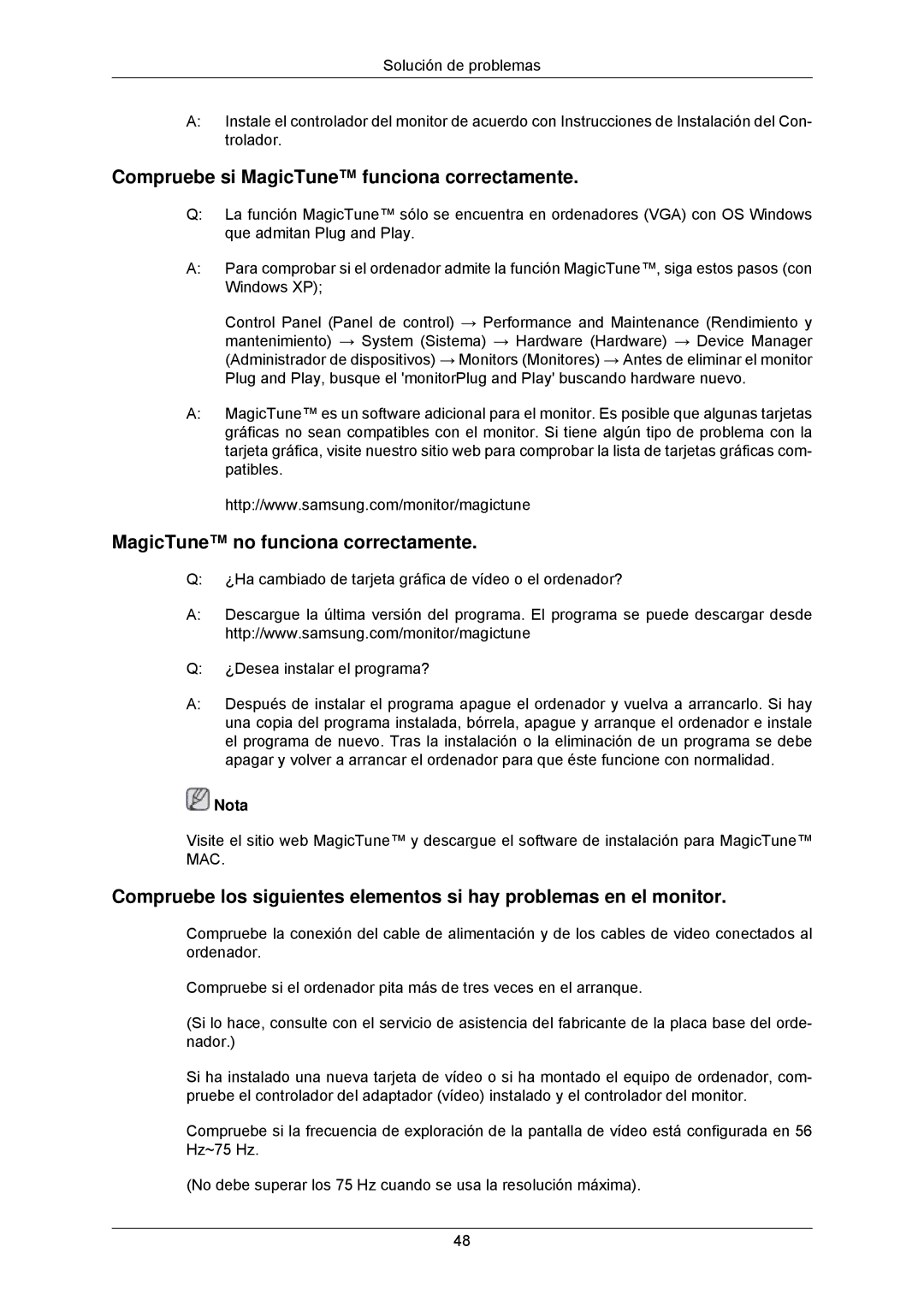 Samsung LS24CMKKFV/EN manual Compruebe si MagicTune funciona correctamente, MagicTune no funciona correctamente 