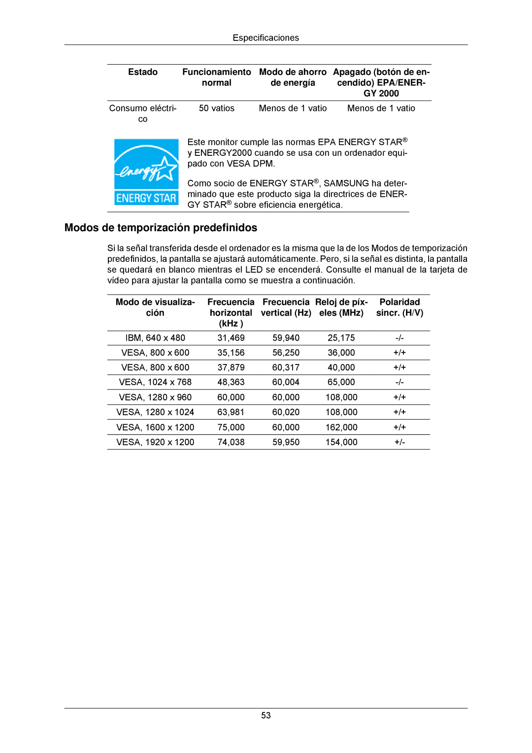 Samsung LS24CMKKFV/EN Modos de temporización predefinidos, Consumo eléctri Vatios Menos de 1 vatio, Modo de visualiza 