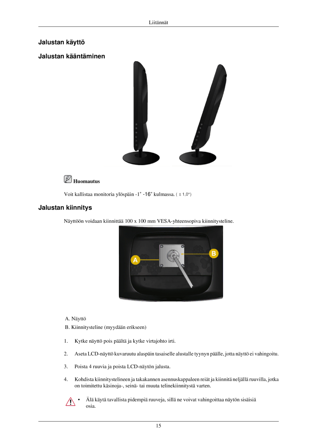 Samsung LS24CMKKFV/EN manual Jalustan käyttö Jalustan kääntäminen, Jalustan kiinnitys 