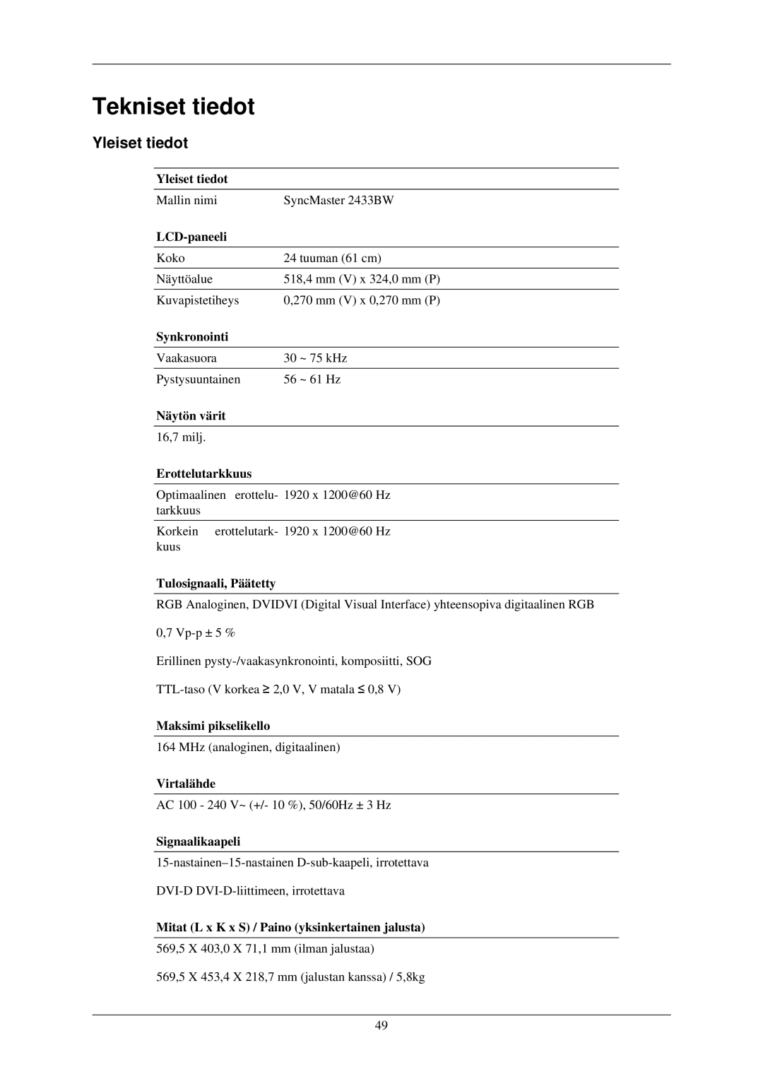 Samsung LS24CMKKFV/EN manual Tekniset tiedot, Yleiset tiedot 