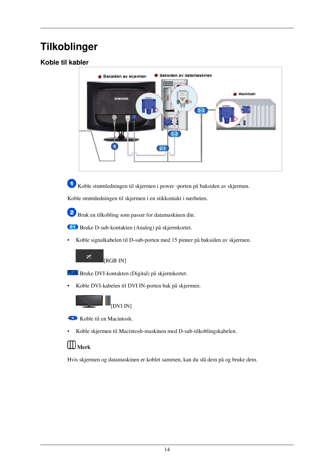 Samsung LS24CMKKFV/EN manual Tilkoblinger, Koble til kabler 