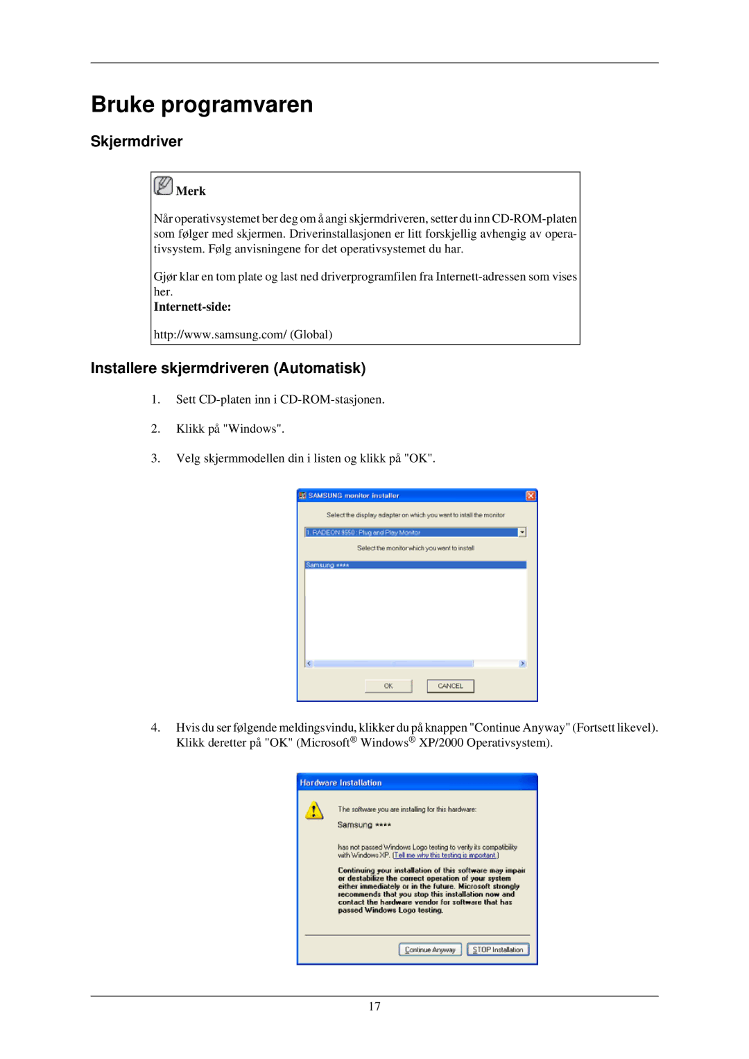 Samsung LS24CMKKFV/EN manual Bruke programvaren, Skjermdriver, Installere skjermdriveren Automatisk, Internett-side 