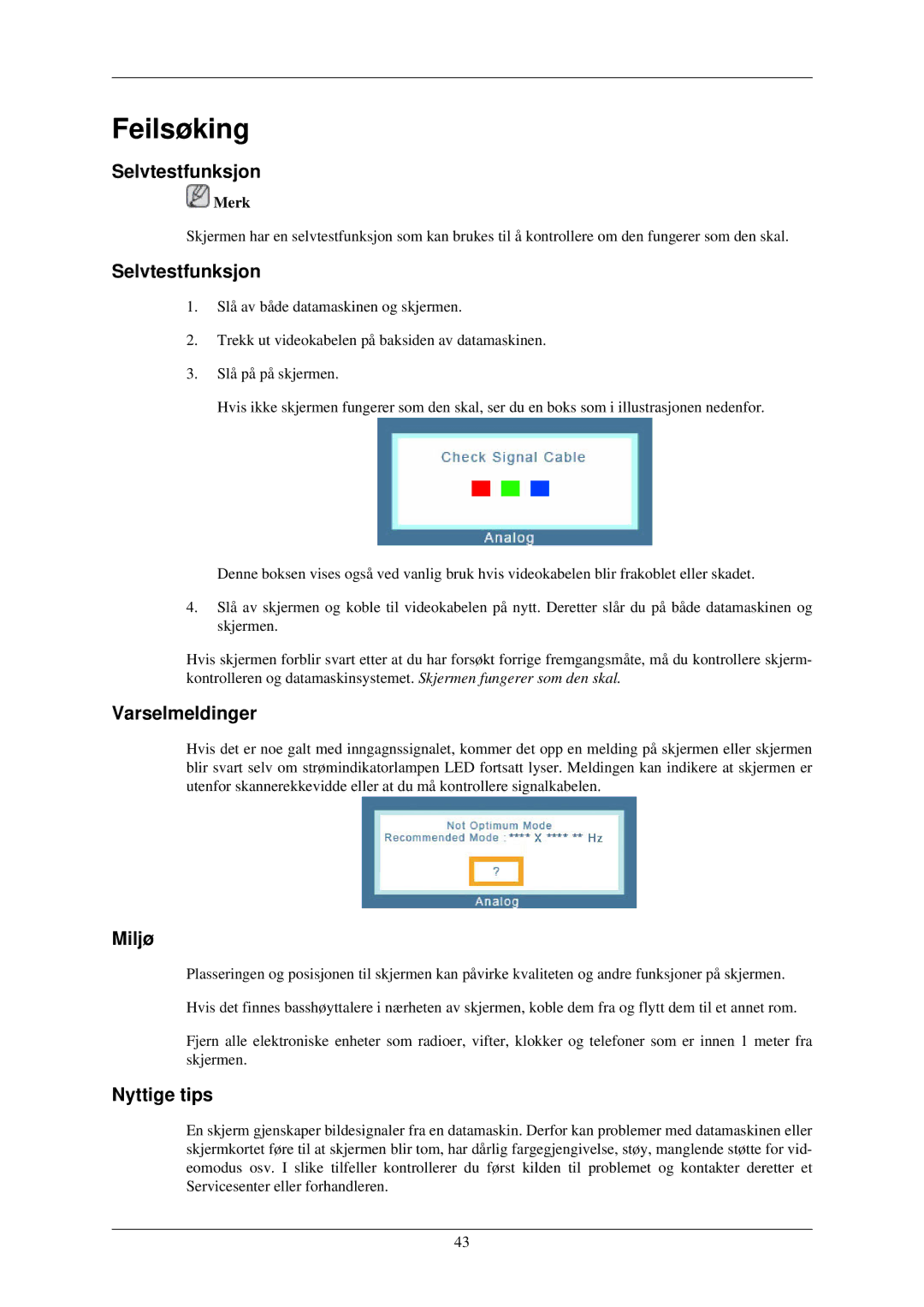 Samsung LS24CMKKFV/EN manual Feilsøking, Selvtestfunksjon, Varselmeldinger, Miljø, Nyttige tips 