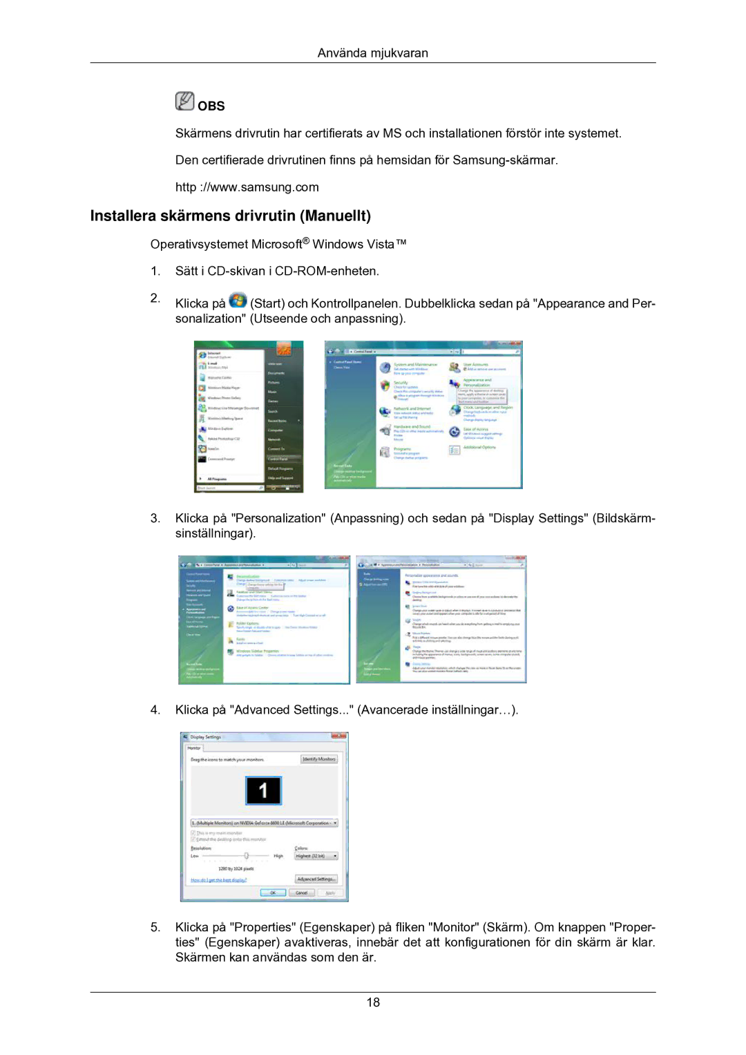 Samsung LS24CMKKFV/EN manual Installera skärmens drivrutin Manuellt 